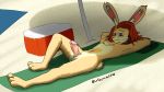  16:9 anthro beach beach_blanket erection exhibitionism fur genitals hair hi_res humanoid_genitalia humanoid_penis lagomorph laspyke laying_on_ground leporid male mammal medium_hair penis rabbit red_hair sand seaside solo widescreen yellow_body yellow_fur 