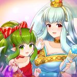  2girls :d aqua_dress bangs breasts bridal_gauntlets choker dress fake_horns fire_emblem fire_emblem:_mystery_of_the_emblem fire_emblem:_the_blazing_blade fire_emblem_heroes green_eyes green_hair hair_ribbon highres horns large_breasts long_hair manakete miragetiki multiple_girls ninian_(fire_emblem) open_mouth pointy_ears ponytail red_eyes red_ribbon ribbon smile tiki_(fire_emblem) upper_body white_hair 