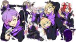  6+girls akai_haato aki_rosenthal anya_melfissa black_jacket black_pants blonde_hair delinquent hakos_baelz hakui_koyori highres hololive_grand_theft_auto hood hoodie jacket long_hair multiple_girls nakiri_ayame nanashi_mumei outline pants purple_hair purple_hoodie red_hair shoes short_hair simple_background sneakers tataki_tuna tokoyami_towa transparent_background usada_pekora white_outline 