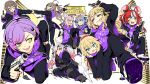  6+girls akai_haato aki_rosenthal anya_melfissa black_jacket black_pants blonde_hair braid braided_bangs brown_hair cigarette delinquent dual_wielding grin gun hair_ornament hairclip hakos_baelz hakui_koyori handgun highres holding holding_gun holding_weapon hololive_grand_theft_auto hood hoodie jacket long_hair multiple_girls nakiri_ayame nanashi_mumei pants purple_hair purple_hoodie red_hair running shoes short_hair smile smoking sneakers tataki_tuna tokoyami_towa transparent_background usada_pekora v-shaped_eyebrows weapon 