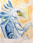  absurd_res accipitriform anthro avian beak bird black_body black_feathers breasts chair cleavage clothed clothing coffee_mug desk dewdragondesigns eyelashes feathers female furniture hi_res inside non-mammal_breasts office painting_(artwork) pupils secretary secretary_bird sitting slit_pupils solo swedish_text text traditional_media_(artwork) watercolor_(artwork) white_body white_feathers yellow_eyes 