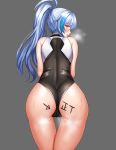  1girl absurdres ass blush bodysuit cameltoe ephnel from_behind grey_background highres leotard long_hair looking_at_viewer multicolored multicolored_clothes ponytail purple_eyes silver_hair solo soul_worker sweat tally tenma_(0209) thighs 