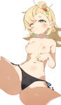  1girl bare_arms bare_shoulders black_panties blonde_hair breasts cowboy_shot green_eyes hair_ornament highres long_hair navel nipples one_eye_closed panties piper_wheel rasusurasu simple_background solo sweat topless underwear white_background zenless_zone_zero 
