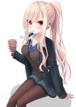  1girl arm_support bangs black_jacket black_sweater blazer blonde_hair blush breasts brown_legwear bubble_tea cleavage collarbone collared_shirt commentary_request cup disposable_cup drinking_straw ear_piercing eyebrows_visible_through_hair feet_out_of_frame grey_skirt hair_over_one_eye highres holding holding_cup jacket long_hair long_sleeves looking_at_viewer medium_breasts mouth_hold nail_polish open_blazer open_clothes open_jacket original pantyhose piercing pleated_skirt ponytail red_eyes red_nails school_uniform shadow shirt sitting skirt sleeves_past_wrists solo sweater very_long_hair white_background white_shirt yoye_(pastel_white) 