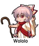  1girl age_of_empires bow chibi commentary english_text eyebrows_visible_through_hair fujiwara_no_mokou hair_bow holding holding_staff long_hair meme red_eyes shangguan_feiying simple_background solo staff touhou upper_body white_background 