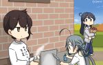  3girls ahoge alternate_costume bag bench black_hair blue_pants blue_sky brick_wall brown_eyes clothes_writing cloud commentary_request cup dated day disposable_cup food grey_eyes grey_hair hair_between_eyes hair_bun hamu_koutarou highres kaga_(kantai_collection) kantai_collection kiyoshimo_(kantai_collection) long_hair low_twintails multiple_girls outdoors pants paper_bag side_ponytail sky spray_can sweater sweet_potato track_pants translation_request twintails ushio_(kantai_collection) white_sweater 