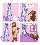 anthro bed belly blue_body blue_fur blue_hair canid canine cheek_tuft chest_tuft comic couples duo_focus facial_tuft felid female fox fur furniture group hair hi_res humor is_this_loss larger_female lion loss luckfoxo33 male mammal meme pantherine pink_background relationship romantic romantic_couple silly silly_face simple_background size_difference smaller_male speech_bubble tatum_koenig text tolng trans_(lore) trans_man_(lore) trans_woman_(lore) tuft white_belly