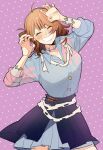  1girl ^_^ ahoge blue_overskirt blue_shirt blue_skirt blush breasts claw_pose closed_eyes commentary facing_viewer gakuen_idolmaster hanami_ume hands_up highres idolmaster large_breasts open_collar orange_hair pink_background pleated_skirt polka_dot polka_dot_background scar scar_on_cheek scar_on_face shirt skirt smile solo stitched_arm stitches symbol-only_commentary tsugumi_(xend3233) 