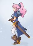  1girl :d ahoge armor blue_dress boots breastplate contrapposto dress from_side high_heel_boots high_heels highres long_hair open_mouth original pauldrons pink_hair ponytail procreate_(medium) profile sheath sheathed shoulder_armor sideways_mouth smile solo standing sword thighhighs vins-mousseux weapon white_legwear 