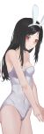  1girl absurdres alternate_costume alternate_hairstyle animal_ears asymmetrical_breasts bangs bare_arms bare_shoulders black_hair blush breasts bunny_ears cleavage closed_mouth commentary_request covered_navel cowboy_shot dd_(821975054) fake_animal_ears from_side highres kaguya-sama_wa_kokurasetai_~tensai-tachi_no_renai_zunousen~ leotard long_hair looking_at_viewer medium_breasts own_hands_together playboy_bunny red_eyes shinomiya_kaguya simple_background solo striped v_arms white_background white_leotard 