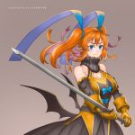  1girl artist_name bare_shoulders blue_bow blue_eyes bow breasts brown_dress cleavage closed_mouth dress elbow_gloves gloves grey_background holding holding_sword holding_weapon huge_breasts looking_at_viewer low_wings nagi_itsuki orange_gloves orange_hair original pointy_ears smile solo standing sword twintails weapon wings 