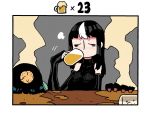  3girls =3 alcohol bare_shoulders beer beer_mug black_hair blush border breasts closed_eyes counter cup detached_sleeves drinking drunk green_skin highres large_breasts long_hair long_sleeves motion_blur mug multicolored_hair multiple_girls neneko_(rariatto) nose_blush noss_(rariatto) original rariatto_(ganguri) rudi_(rariatto) sleeves_past_wrists steam streaked_hair white_border white_hair 