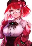  1girl alternate_costume breasts glasses highres large_breasts nail_polish pyra_(xenoblade) red_eyes red_hair ribbon solo sweater tarbo_(exxxpiation) white_background xenoblade_chronicles_(series) xenoblade_chronicles_2 