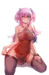  1girl bare_arms bare_shoulders blush bow bow_(bhp) breasts brown_legwear closed_mouth contrapposto dress hair_bow hand_on_thigh kneeling large_breasts long_hair looking_at_viewer orange_eyes original pelvic_curtain pink_hair purple_bow red_dress short_dress simple_background solo thighhighs two_side_up white_background 