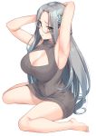  1girl armpits arms_behind_head arms_up azur_lane bangs barefoot blush braid breasts cleavage cleavage_cutout clothing_cutout dress forehead french_braid glasses grey_eyes grey_hair hair_ornament highres large_breasts legs long_hair looking_at_viewer parted_bangs ribbed_dress semi-rimless_eyewear shangri-la_(azur_lane) simple_background sitting snowflake_hair_ornament super_nagoyaka sweater sweater_dress turtleneck_dress wariza white_background 