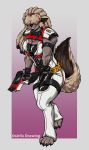  anthro blush bovid braided_hair breasts canid canine canis caprine female fur grey_body grey_fur gun hair hi_res hidden_eyes hybrid mammal osiriix ranged_weapon sheep simple_background smile solo watermark weapon white_suit wolf 