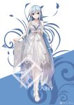  1_girl alternate_costume blue_eyes blue_hair breasts chinese_commentary cleavage collarbone commentary_request dress et_rainy flower full_body hair_ornament highres long_hair looking_at_viewer medium_breasts see_through shirayuki_(warship_girls_r) smile solo standing very_long_hair warship_girls_r weibo_logo weibo_watermark white_dress white_footwear 