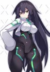 1girl ass_visible_through_thighs black_hair bodysuit breasts cameltoe covered_navel covered_nipples cropped_legs frown green_eyes gundam gundam_build_divers gundam_build_divers_re:rise hair_between_eyes hand_on_hip highres karukan_(monjya) large_breasts long_hair long_sleeves looking_down may_(gundam_build_divers_re:rise) shrug_(clothing) skin_tight solo v-shaped_eyebrows very_long_hair white_background 