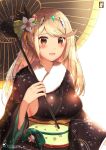 1girl alternate_costume artist_name blonde_hair blush breasts chinchongcha flower highres holding holding_umbrella japanese_clothes kimono large_breasts long_hair looking_at_viewer mythra_(xenoblade) new_year sideboob smile solo umbrella xenoblade_chronicles_(series) xenoblade_chronicles_2 yellow_eyes 