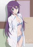  1girl absurdres arms_behind_back bakemonogatari blue_eyes bra breasts cleavage collarbone collared_shirt commentary_request cowboy_shot hair_between_eyes highres long_hair long_shirt long_sleeves looking_at_viewer medium_breasts monogatari_(series) navel open_clothes open_shirt panties parted_lips purple_eyes scissor_print senjougahara_hitagi shadow shirt signature solo straight_hair twitter_username tyanoki unbuttoned underwear very_long_hair white_shirt 