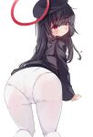  1girl absurdres all_fours ass beret black_hair black_sailor_collar black_shirt blue_archive blush closed_mouth cowboy_shot dot_nose from_behind fujiwarahatsune hair_over_one_eye halo hat highres justice_task_force_member_(blue_archive) long_hair long_sleeves panties pantyhose red_eyes red_halo sailor_collar school_uniform shirt simple_background small_sweatdrop solo underwear white_background white_panties white_pantyhose 