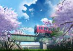  artist_name bare_tree blue_sky cable cherry_blossoms cloud commentary_request day eru_(erutwd) falling_petals grass ground_vehicle highres no_humans original petals plant railroad_tracks scenery sky train tree 