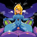  /\/\/\ 1boy 1girl blonde_hair blue_bodysuit blue_eyes blush bodysuit breasts breasts_apart covered_nipples cowgirl_position full-face_blush hair_over_one_eye heart hetero highres large_breasts lying metroid mole mole_under_mouth nose_blush on_back one_eye_covered ponytail pov pov_crotch purple_skin rariatto_(ganguri) rolling_eyes samus_aran sex space_pirate_(metroid) spoken_heart stomach_bulge straddling sweat vaginal 