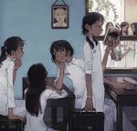  6+girls black_hair book briefcase classroom comb dark_skin desk dress highres ho_chi_minh holding holding_book indoors long_hair multiple_girls original pencil_case ponytail reading school_desk season_(artist) short_hair twintails vietnam vietnamese_dress white_dress 