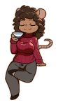  afkregen alpha_channel anthro big_breasts bottomwear breasts clothing cup curled_hair dark_skin eyes_closed female footwear hair hi_res margaret_de_campos mice_tea pants shoes simple_background sitting smile solo sweater tea_cup topwear transparent_background 