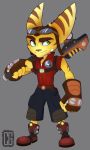  alternate_form anthro arm_markings belt brown_markings brown_nose clothing cryptidgoblins ear_markings eyebrows facial_markings fur gloves green_eyes handwear head_markings hi_res holding_object holding_weapon jacket lombax male mammal markings ratchet ratchet_and_clank sony_corporation sony_interactive_entertainment standing topwear video_games weapon yellow_body yellow_fur 