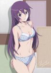  1girl absurdres arms_behind_back bakemonogatari blue_eyes bra breasts cleavage collarbone commentary_request cowboy_shot hair_between_eyes highres long_hair looking_at_viewer medium_breasts monogatari_(series) navel panties parted_lips print_bra print_panties purple_eyes scissor_print senjougahara_hitagi shadow signature solo straight_hair twitter_username tyanoki underwear underwear_only very_long_hair 