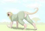  2020 anus blonde_hair bottomwear breasts butt clothing felid female genitals grass hair hat headgear headwear human krazyivan lion looking_back mammal open_mouth outside pantherine pants pussy solo surprise transformation 