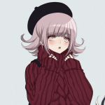  1girl alternate_costume bangs black_headwear blunt_bangs blush commentary criis-chan danganronpa english_commentary eyebrows_visible_through_hair flipped_hair grey_background hands_up light_brown_hair long_sleeves looking_at_viewer lowres nanami_chiaki open_mouth pink_eyes red_sweater ribbed_sweater simple_background sleeves_past_wrists solo super_danganronpa_2 sweater upper_body upper_teeth 