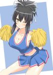  1girl artist_request asuka_(senran_kagura) bare_shoulders black_hair blue_background blue_skirt blue_tank_top breasts cheerleader cleavage collarbone covered_nipples hair_ribbon highres holding holding_pom_poms large_breasts long_hair looking_at_viewer md5_mismatch midriff one_eye_closed pom_poms ponytail ribbon senran_kagura skirt smile tank_top thighs white_ribbon yellow_eyes 