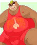  2020 anthro ashigara belly big_dick_day blush bodily_fluids brown_body brown_fur clothed clothing erection erection_under_clothing fur genital_fluids hi_res kemono kwzu male mammal moobs nipples overweight overweight_anthro overweight_male precum solo tokyo_afterschool_summoners ursid video_games wrestling_singlet 