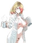  1girl blonde_hair blush bow_(bhp) breasts brown_eyes closed_mouth collared_shirt cowboy_shot cup earrings giving gradient_hair hair_over_one_eye head_tilt holding holding_cup incoming_drink jewelry large_breasts long_sleeves looking_at_viewer medium_hair multicolored_hair naked_shirt navel nipples one_eye_covered open_clothes open_shirt original pubic_hair pussy red_hair shirt simple_background sleeves_past_fingers sleeves_past_wrists smile solo standing two-tone_hair white_background wing_collar 