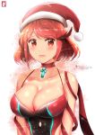  1girl alternate_costume artist_name blush breasts chinchongcha christmas christmas_hat cleavage hat highres large_breasts looking_at_viewer pyra_(xenoblade) red_hair short_hair smile solo valentine xenoblade_chronicles_(series) xenoblade_chronicles_2 yellow_eyes 