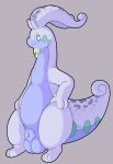  2020 3_fingers 3_toes animal_genitalia antennae_(anatomy) anthro balls belly big_balls bleu_(blazingflare) blue_eyes chubby_male curled_tail dragon dripping fan_character fingers full-length_portrait genitals goodra hand_on_hip huge_balls koalcleaver long_neck looking_aside male nintendo nude pok&eacute;mon pok&eacute;mon_(species) portrait purple_body sheath slime smile solo spots standing thick_tail toes video_games 