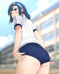  1girl ass bare_legs blue_hair blue_sky blurry blurry_background blush building buruma buruma_pull closed_mouth cloud cloudy_sky commentary cowboy_shot day fed_(giba) from_below gym_uniform headband idolmaster idolmaster_million_live! idolmaster_million_live!_theater_days looking_at_viewer nanao_yuriko outdoors shirt short_hair sky solo thighs white_shirt yellow_eyes 