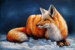 3:2 ambiguous_gender canid canine dimwolf feral fox fur mammal oil_painting_(artwork) orange_body orange_eyes orange_fur painting_(artwork) realistic snow solo traditional_media_(artwork) whiskers 