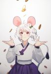  1girl :3 absurdres ahoge animal_ears bangs chinese_zodiac closed_mouth coin commentary english_commentary falling floating_hair flower grey_background hair_flower hair_ornament hands_up highres long_sleeves looking_up maro_(lij512) mouse_ears mouse_girl mouse_tail original purple_ribbon purple_skirt red_eyes ribbon shirt short_hair simple_background skirt solo standing tail twitter_username white_flower white_hair white_shirt year_of_the_rat 