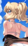  1girl ass bikini blonde_hair blue_eyes blush butt_crack closed_mouth cloud condensation_trail from_behind girls_und_panzer highres jacket kay_(girls_und_panzer) kuzuryuu_kennosuke looking_at_viewer looking_back military military_uniform ponytail saunders_military_uniform shiny shiny_hair shiny_skin shoulder_blades skindentation sky smile solo sunglasses swimsuit swimwear undressing uniform upper_body white_bikini 