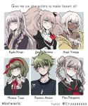  1boy 5girls amami_rantarou bangs bear_hair_ornament black_bra black_ribbon black_serafuku black_shirt blonde_hair blue_eyes blush bra braid breasts brown_hair cleavage collarbone collared_shirt commentary criis-chan danganronpa danganronpa_1 dark_skin dark_skinned_female ear_piercing earrings enoshima_junko green_eyes green_hair grey_hair grin hair_between_eyes hair_ornament hair_ribbon hairband hands_up horizontal_stripes index_finger_raised jacket jewelry kirigiri_kyouko large_breasts light_brown_hair long_hair long_sleeves looking_at_viewer monaka_(danganronpa) multiple_girls neckerchief necklace necktie new_danganronpa_v3 off-shoulder_jacket orange_neckwear outside_border pekoyama_peko piercing red_hairband red_ribbon ribbon sailor_collar school_uniform serafuku shell shell_bikini shirt short_hair side_braid single_braid six_fanarts_challenge smile striped striped_shirt super_danganronpa_2 twin_braids twintails twitter_username underwear upper_body white_hair yellow_jacket yonaga_angie zettai_zetsubou_shoujo 