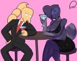  alcohol anthro arachnid arthropod beverage black_tie_(suit) breasts cleavage clothed clothing date dinner dress drinking duo eyes_closed female happy male necktie peculiart scorpion sitting smile suit 