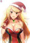  1girl alternate_costume artist_name blonde_hair blush breasts chinchongcha christmas cleavage gem hat highres jewelry large_breasts long_hair looking_at_viewer mythra_(xenoblade) smile solo xenoblade_chronicles_(series) xenoblade_chronicles_2 yellow_eyes 