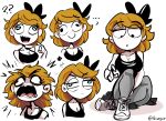 1girl black_shirt blonde_hair bow derpina english_commentary expressions grey_legwear hair_bow highres multiple_views original peargor rage_comic shirt shoes short_hair sleeveless sneakers tank_top twitter_username white_background white_footwear 