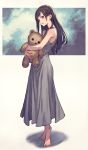  1girl bare_shoulders barefoot black_hair dress from_side grey_dress highres holding holding_stuffed_toy kusano_shinta long_hair object_hug open_mouth original red_eyes sleeveless sleeveless_dress solo standing stuffed_animal stuffed_toy teddy_bear 