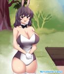  1girl :3 :d absurdres animal_ears big_chungus_(meme) blush bow bowtie breasts brown_eyes brown_hair bugs_bunny bunny_ears cleavage detached_collar eyebrows_visible_through_hair gloves highres hinghoi huge_breasts leotard looking_at_viewer looney_tunes medium_hair meme merryweather open_mouth personification playboy_bunny rabbit_girl skindentation smile solo standing thick_thighs thighhighs thighs tree white_gloves white_legwear 