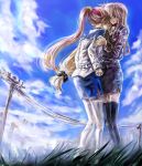  2girls blonde_hair blue_sky cloud cloudy_sky comforting couple ego6 fate_testarossa frown hug long_hair looking_at_another lyrical_nanoha mahou_shoujo_lyrical_nanoha_strikers military military_uniform multiple_girls red_eyes side_ponytail sky takamachi_nanoha uniform very_long_hair yuri 