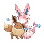  :3 blush_stickers brown_fur closed_eyes closed_mouth commentary_request eevee gen_1_pokemon gen_6_pokemon newo_(shinra-p) no_humans outline paws pokemon pokemon_(creature) simple_background smile standing sylveon white_background 